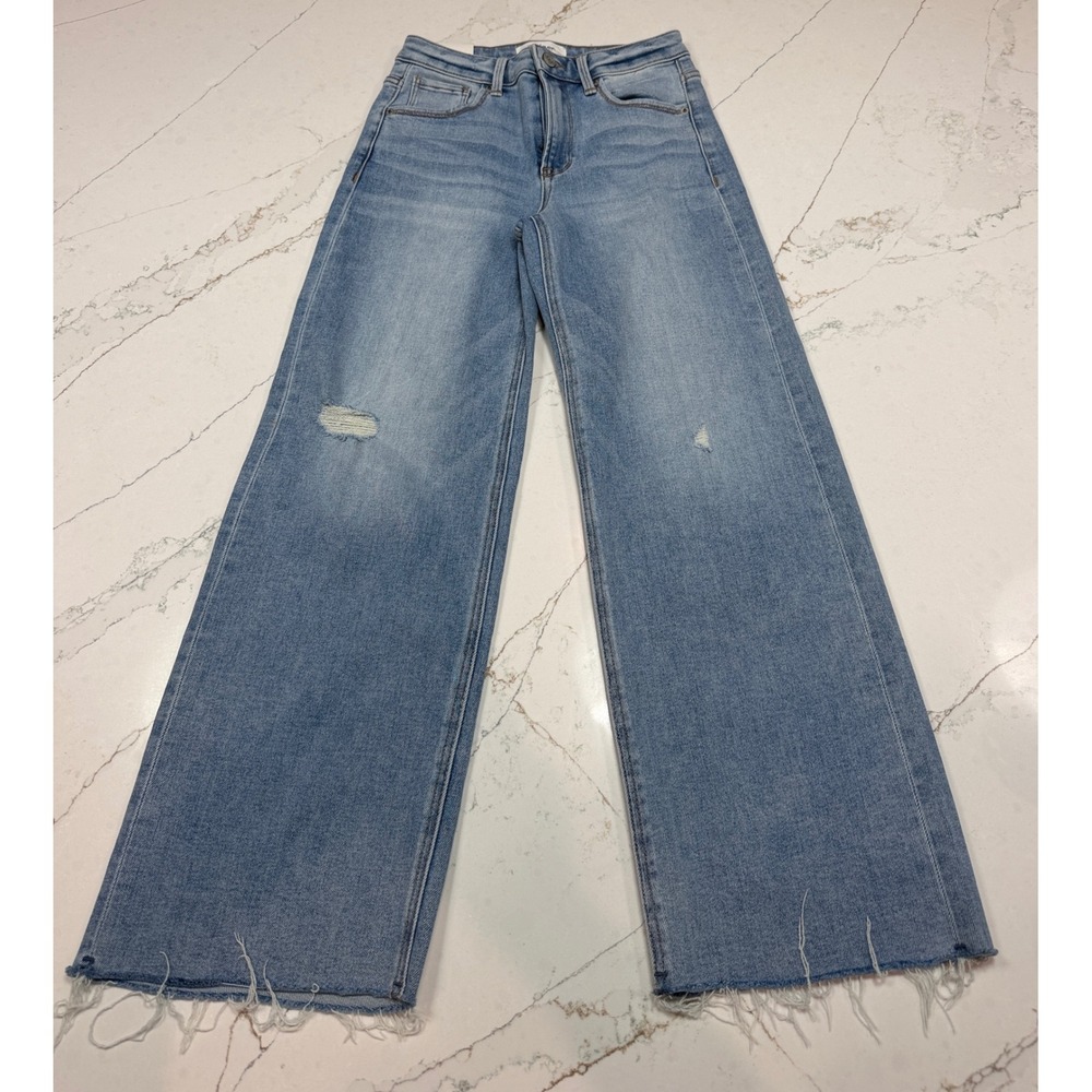 J21 Eleven Risen Cropped Jeans Womens 1/25 Light Wash Distressed Flared Raw Hem